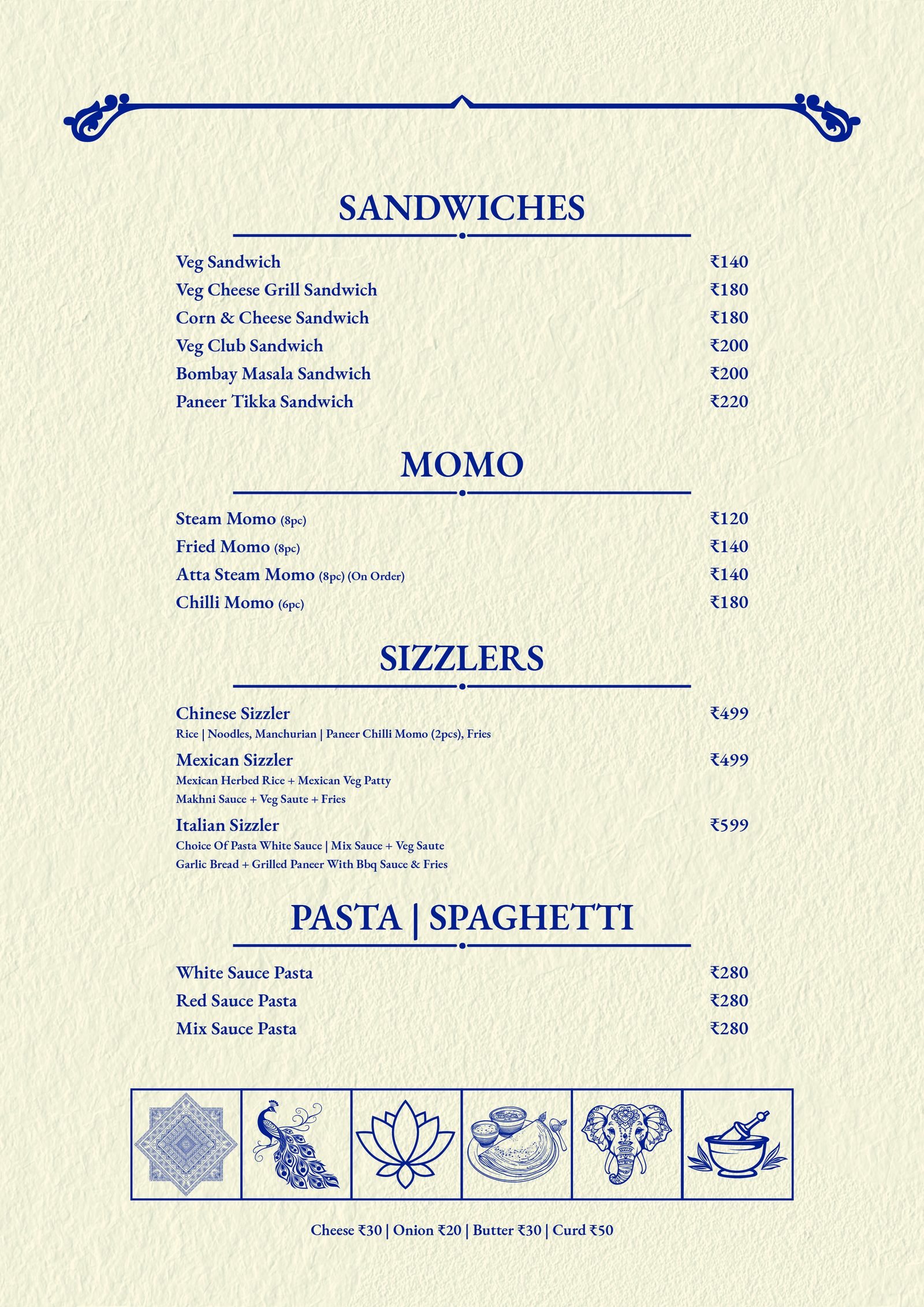 Sandwiches, Momo, Sizzlers and Pasta menu: Veg Club Sandwich, Steam Momo, Chinese Sizzler, Mexican Sizzler, Italian Sizzler, White Sauce Pasta