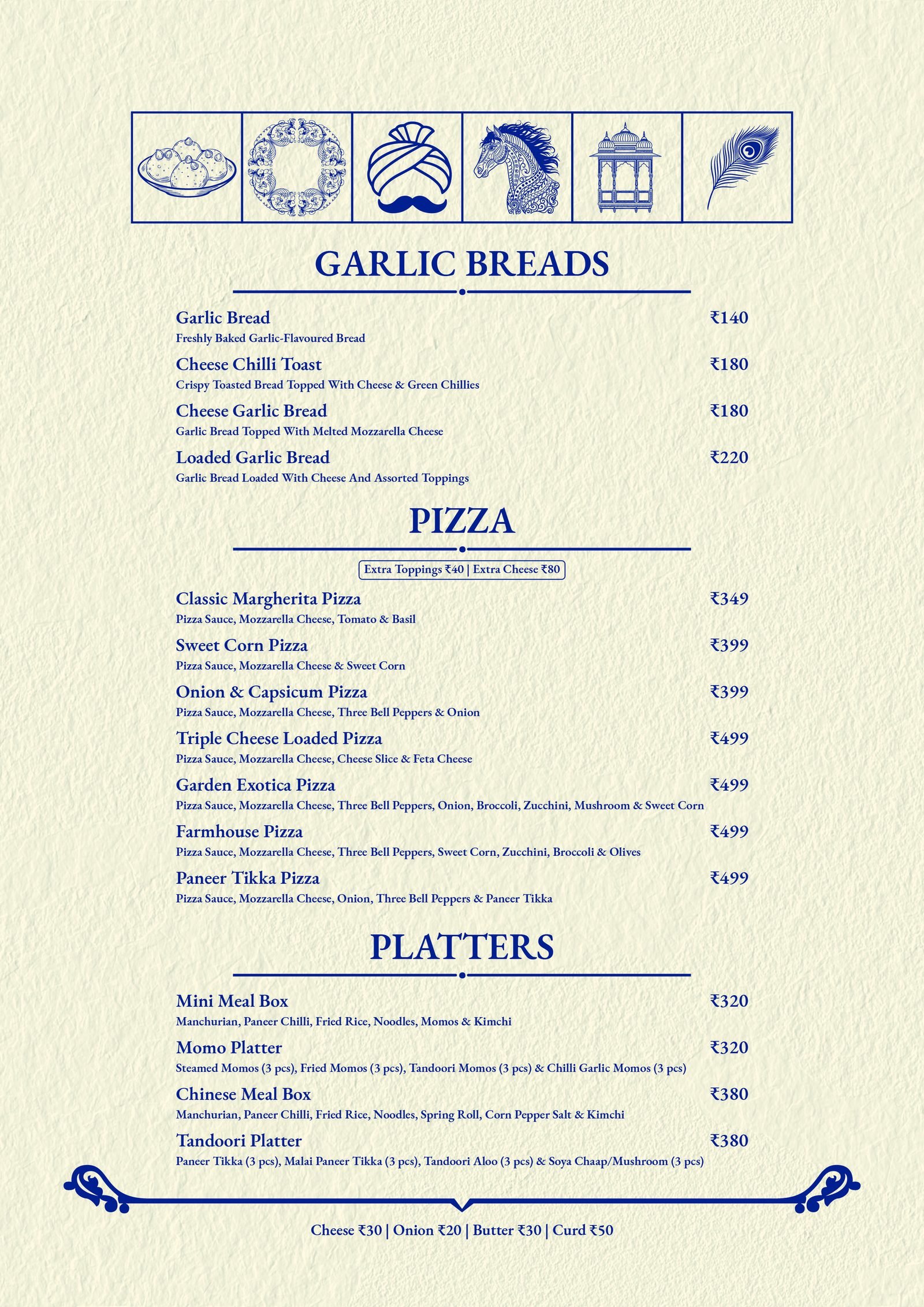 Garlic Bread, Pizza and Platters menu: Classic Margherita Pizza, Farmhouse Pizza, Paneer Tikka Pizza, Momo Platter, Tandoori Platter