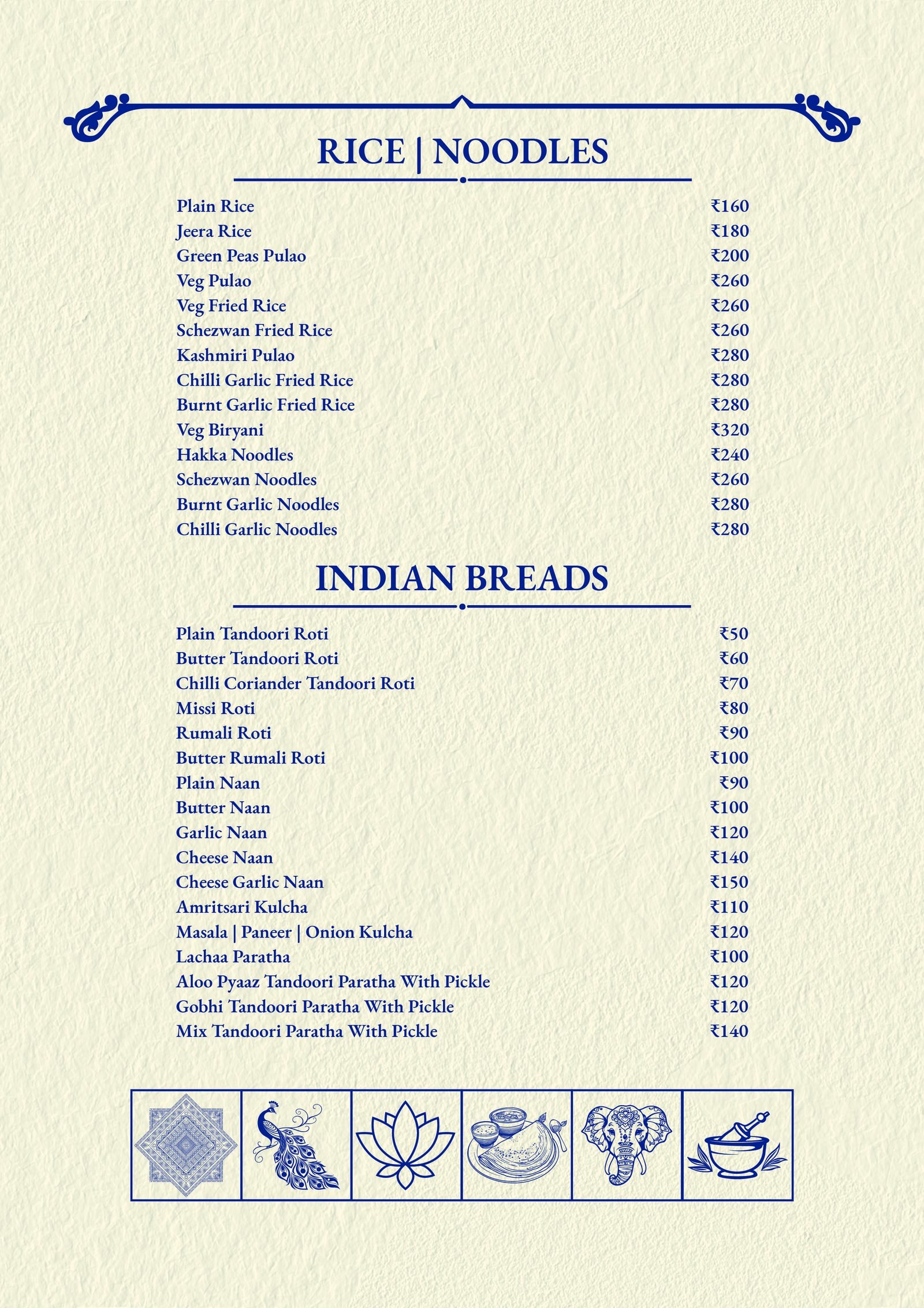Rice, Noodles and Indian Breads menu: Veg Biryani, Schezwan Fried Rice, Garlic Naan, Cheese Naan, Lachaa Paratha